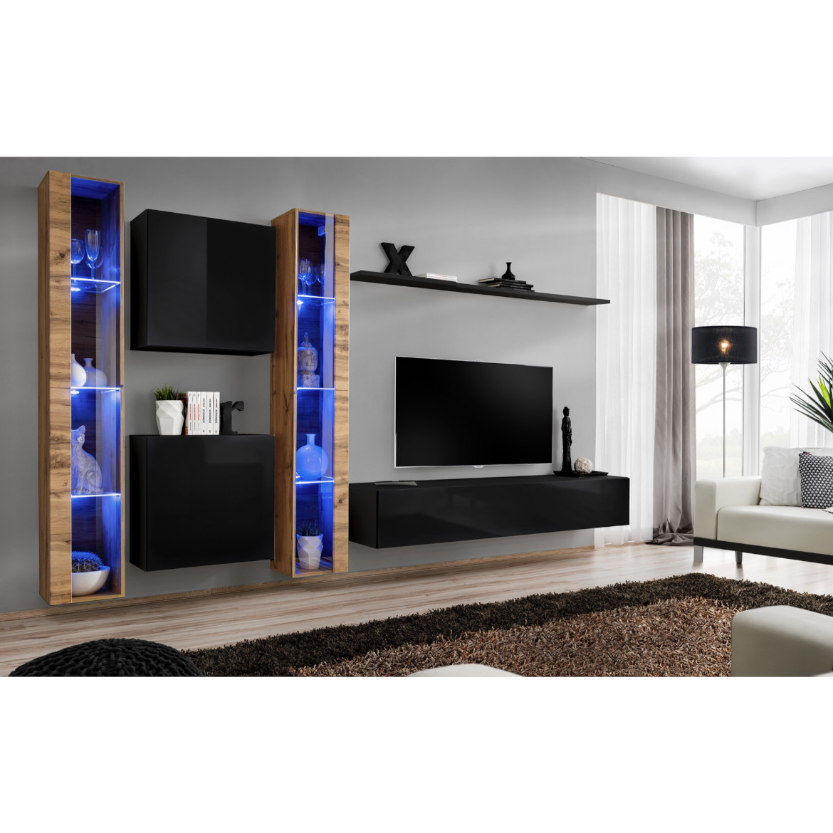 Regal  Switch XVI 330x40x180 cm+LED natur/crna