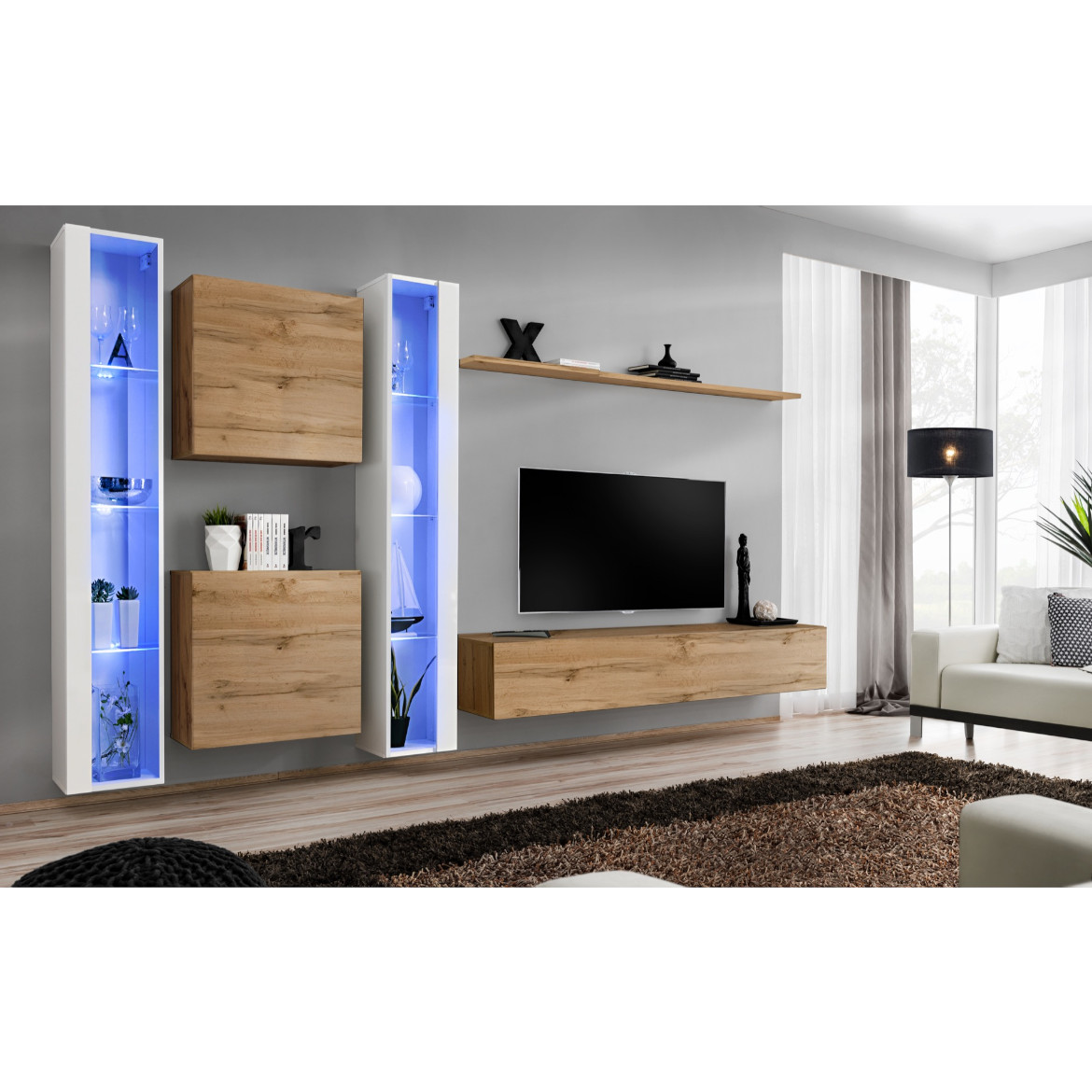 Regal  Switch XVI 330x40x180 cm+LED bela/natur
