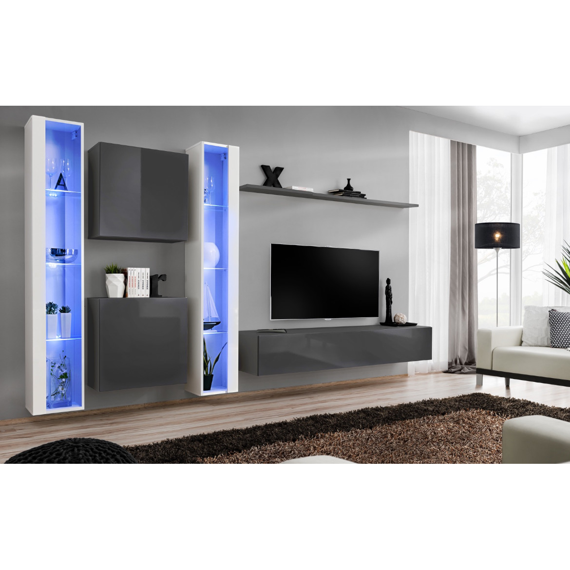 Regal  Switch XVI 330x40x180 cm+LED bela/siva