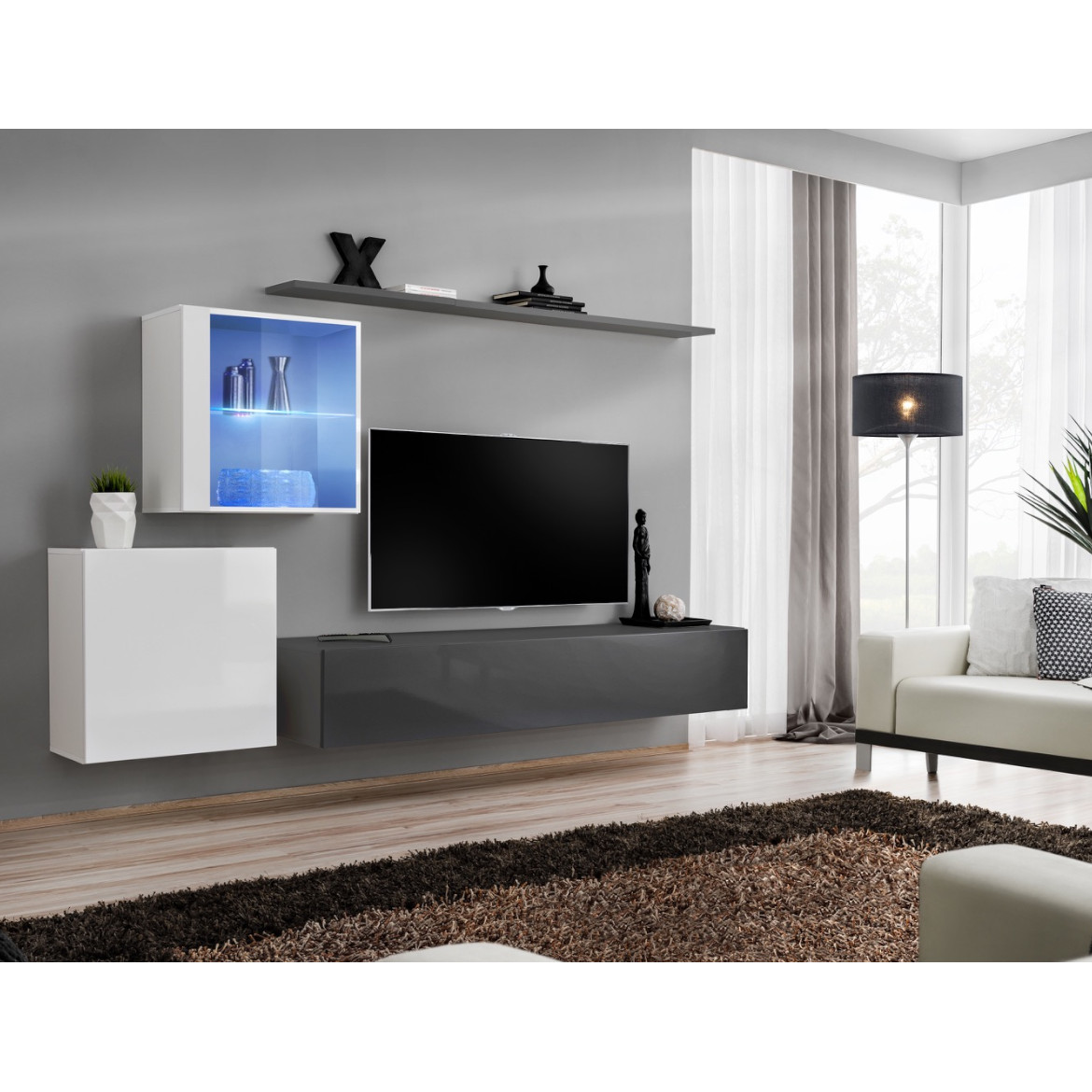 Regal  Switch XV 250x40x150 cm+LED bela/siva