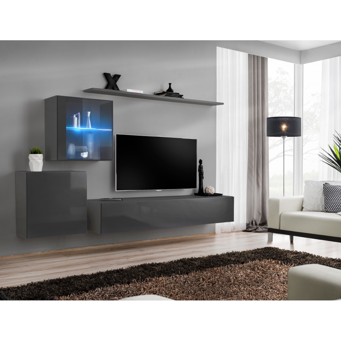 Regal  Switch XV 250x40x150 cm+LED siva