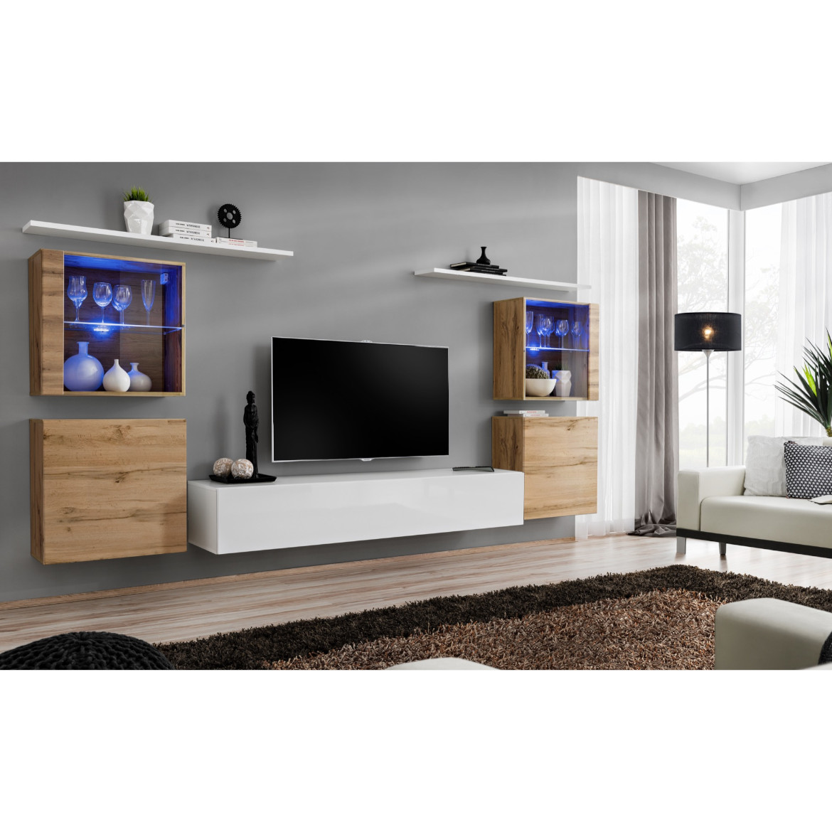 Regal  Switch XIV 330x40x160 cm+LED natur/bela