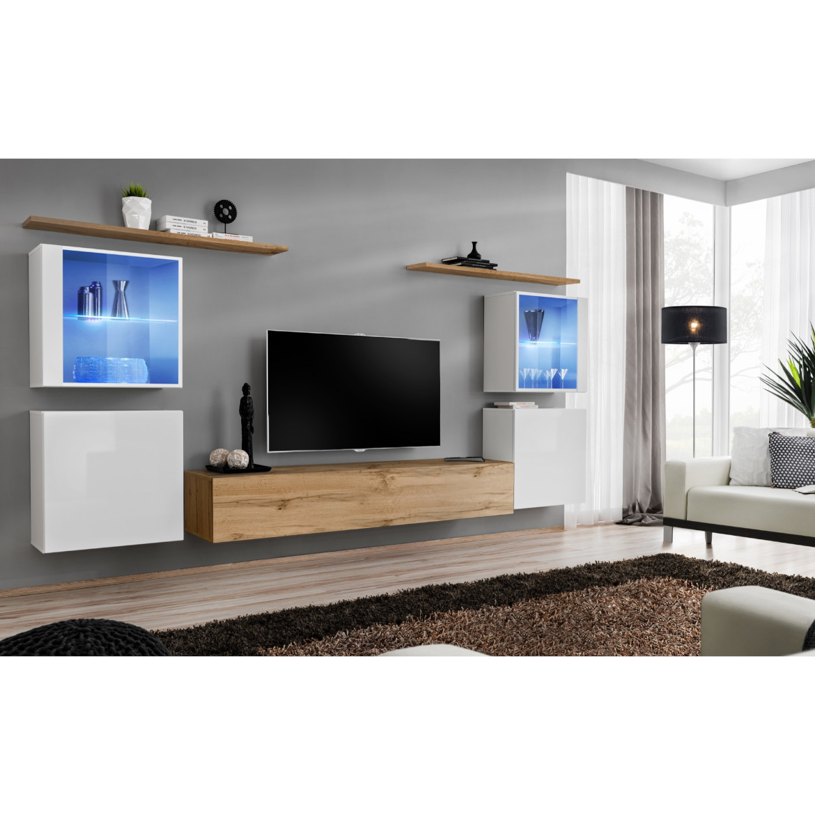 Regal  Switch XIV 330x40x160 cm+LED bela/natur