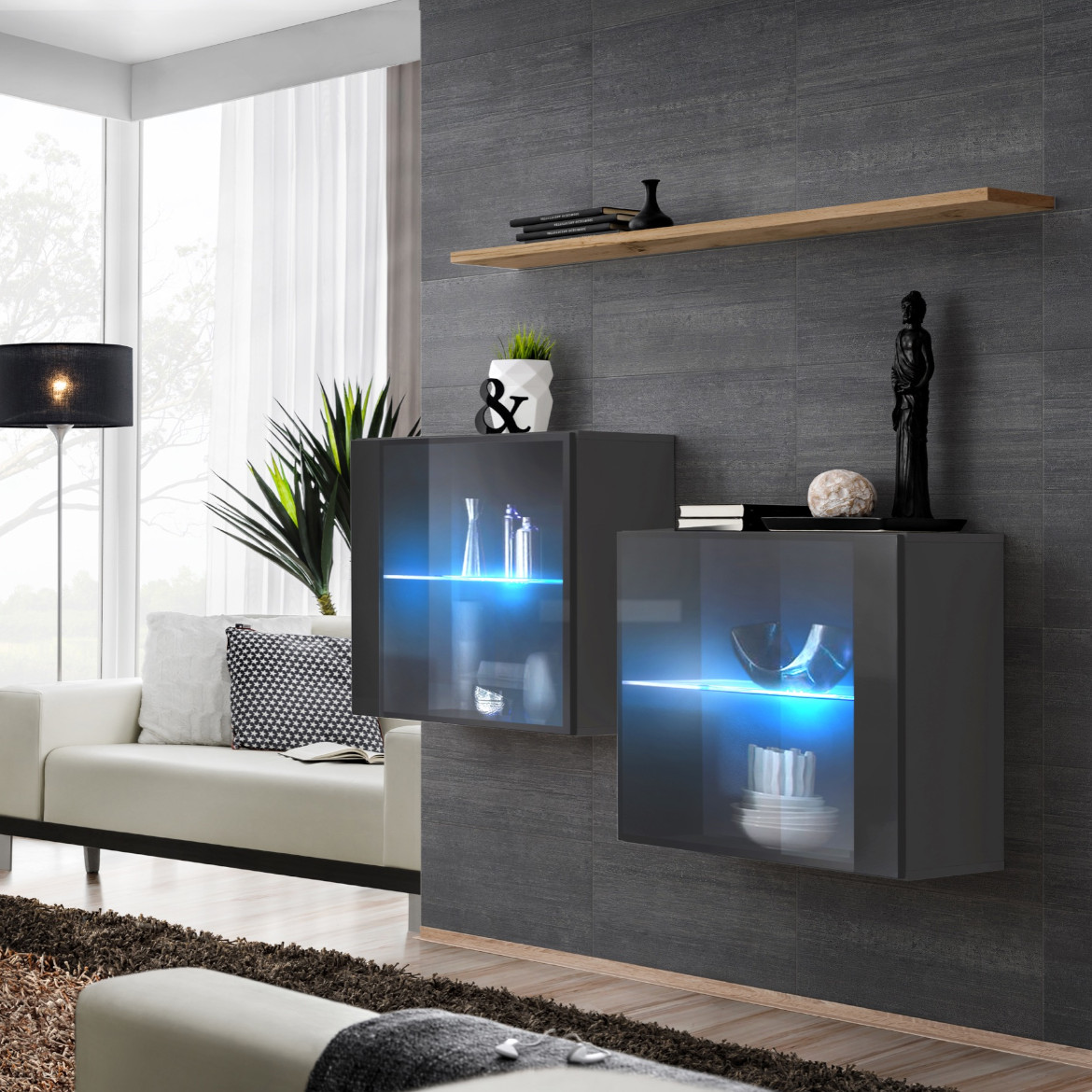 Switch 2 viseca elementa+LED + polica 110x30x130 sivo/natur