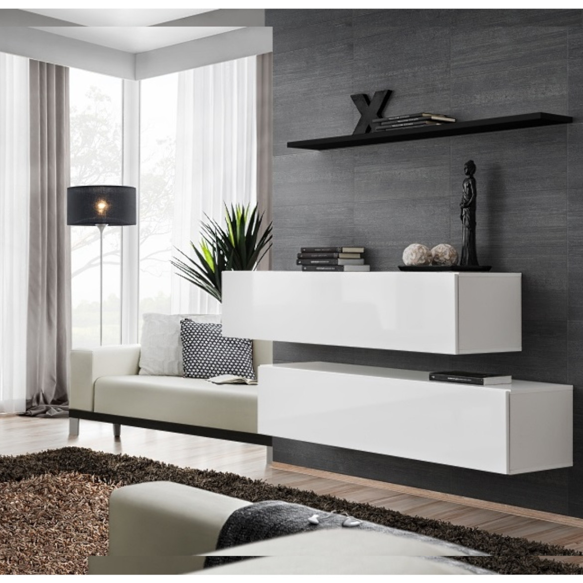 Switch 2 viseca elementa + polica 110x30x130 crno/bela