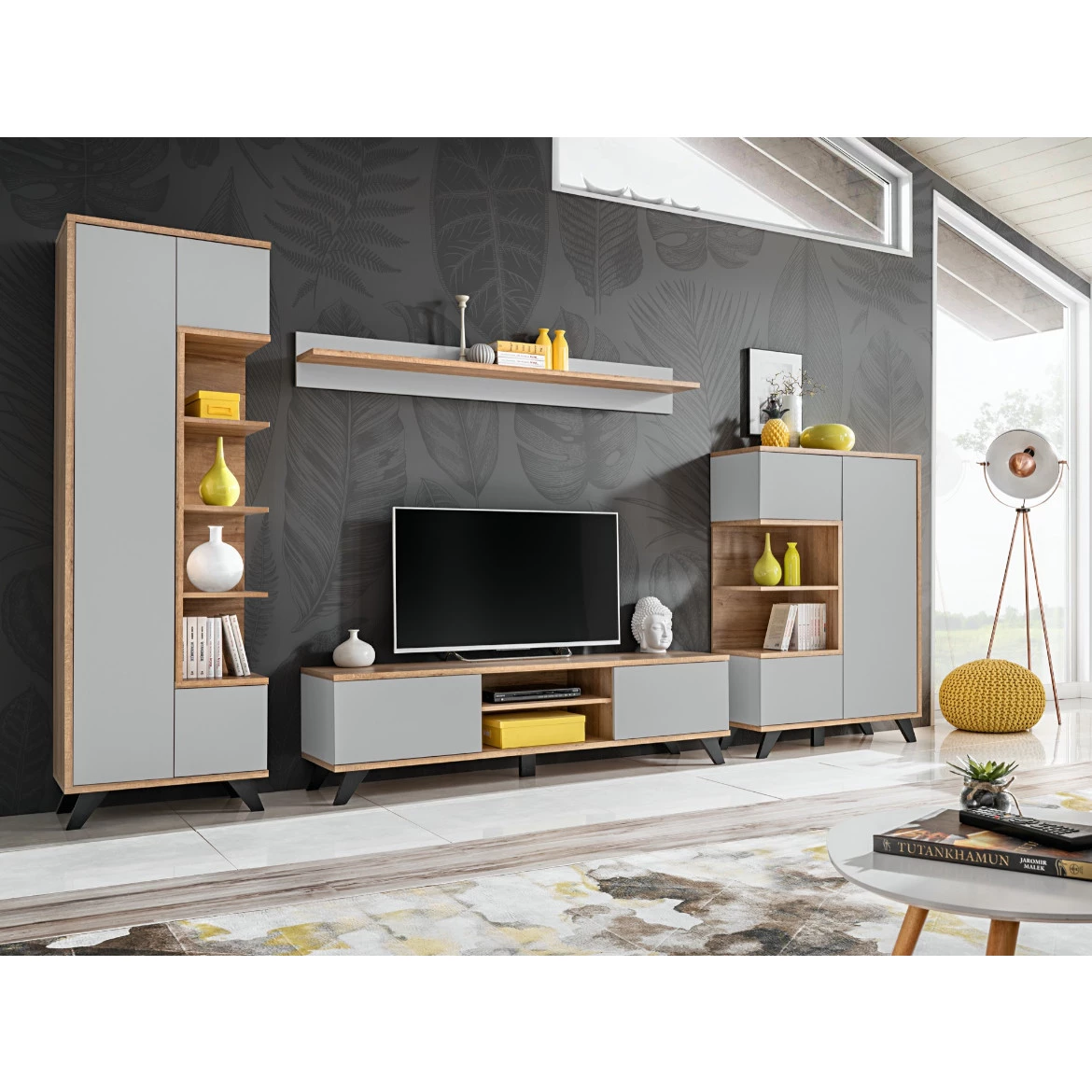 Vitrina Bogota 3 vrata+4 otvora 60x40x192 cm hrast/svetlo siva