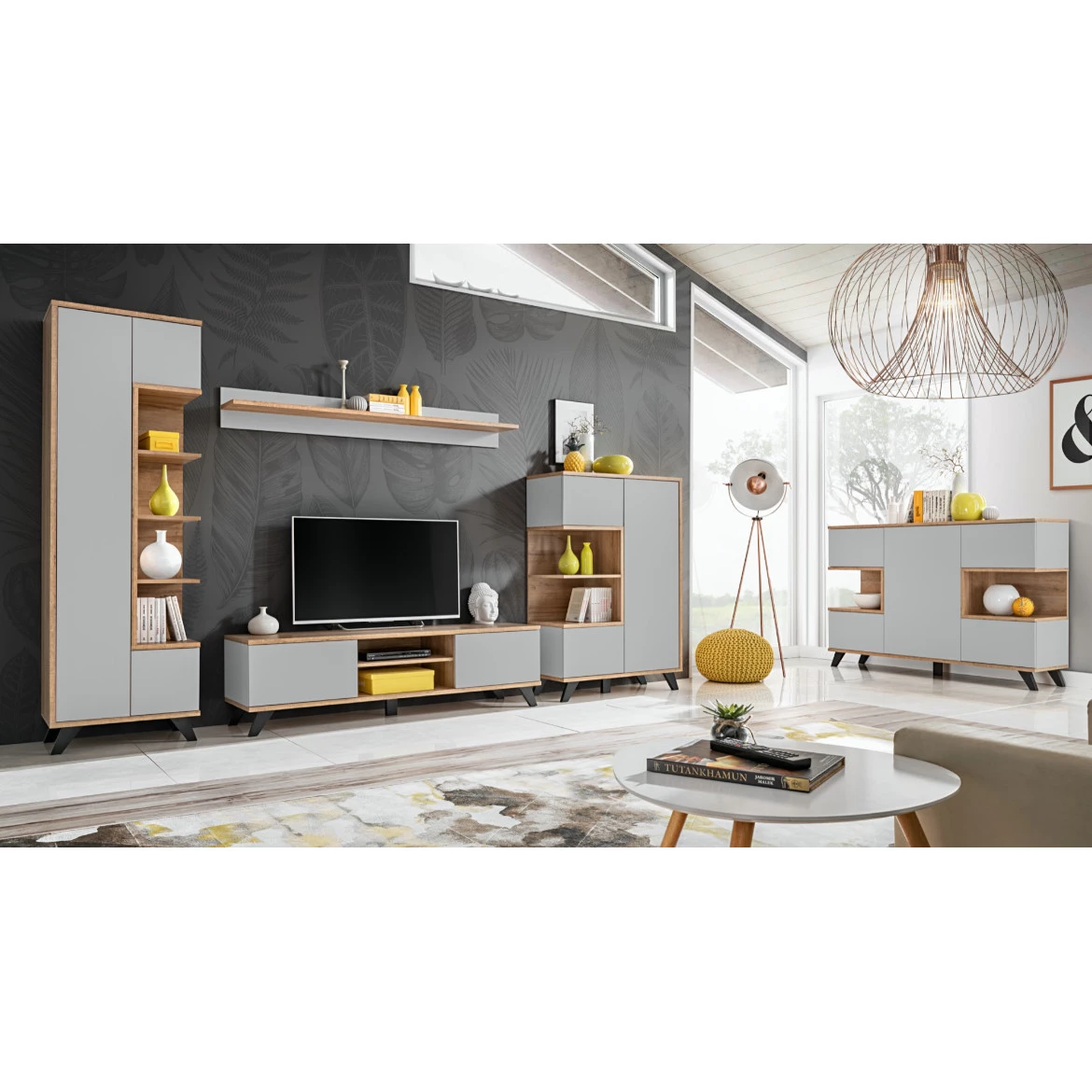 Vitrina Bogota 3 vrata+4 otvora 60x40x192 cm hrast/svetlo siva