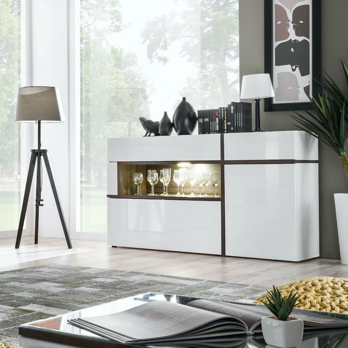 Komoda Cross 2 vrata+3 fioke 150x45x90 cm bela/tamni hrast