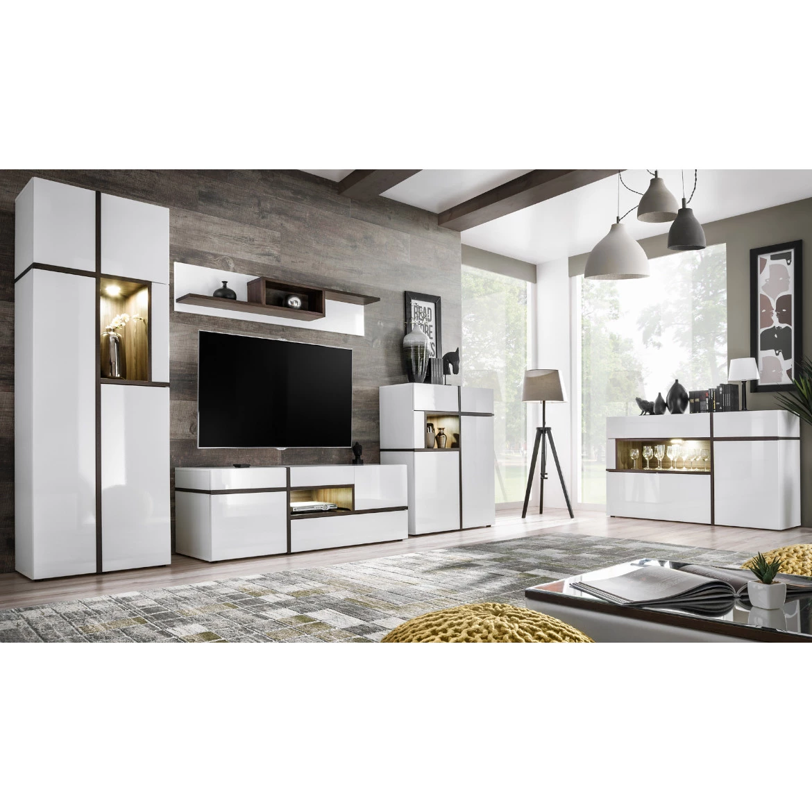 Komoda Cross 2 vrata+3 fioke 150x45x90 cm bela/tamni hrast