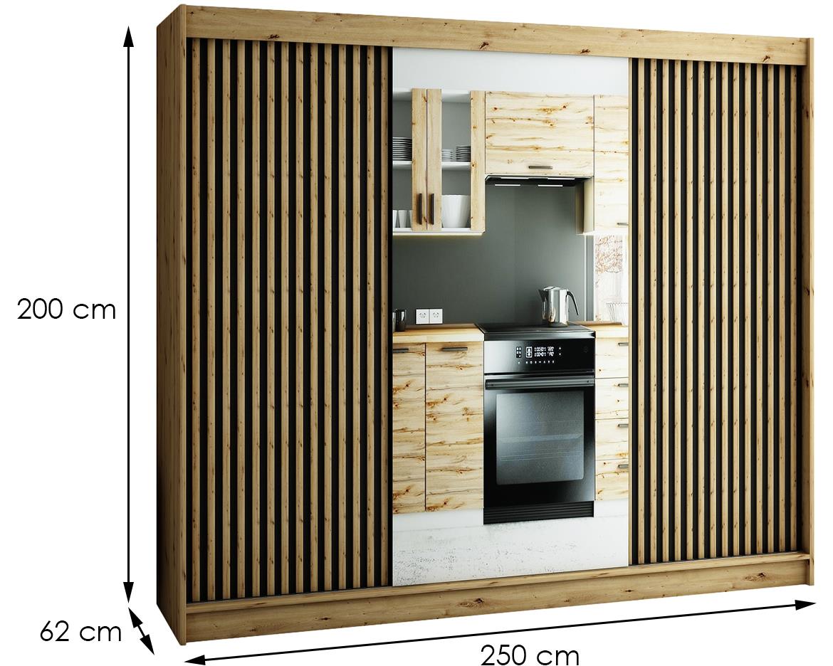 Ormar Lamelo 3 vrata 250x62x200 cm artisan hrast/crna + ogledalo