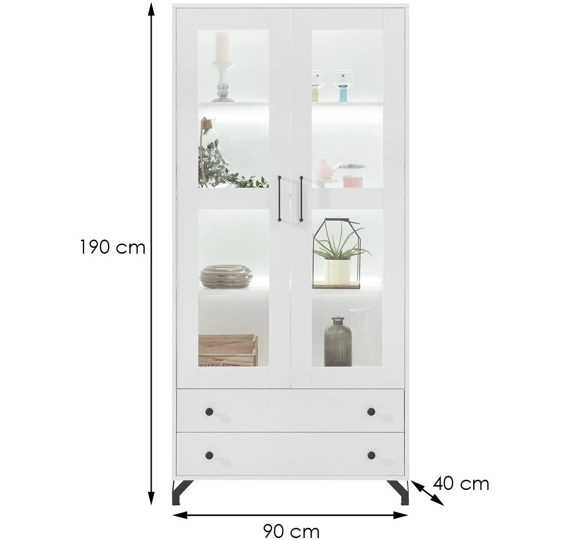 Bergen vitrina 2 vrata+2 ladice 90x40x190 cm bijela