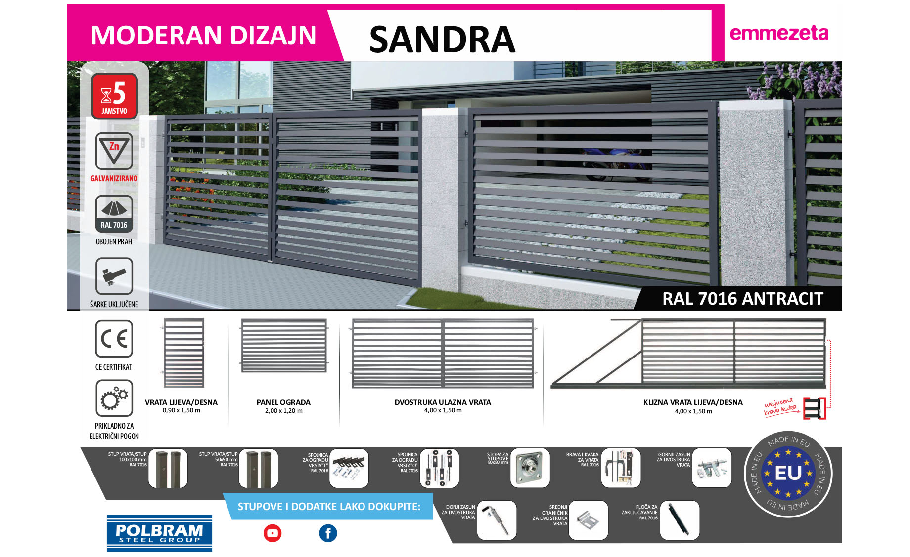 Kapija za ogradu Sandra 0,9m / 1,5m Zn RAL7016 desna