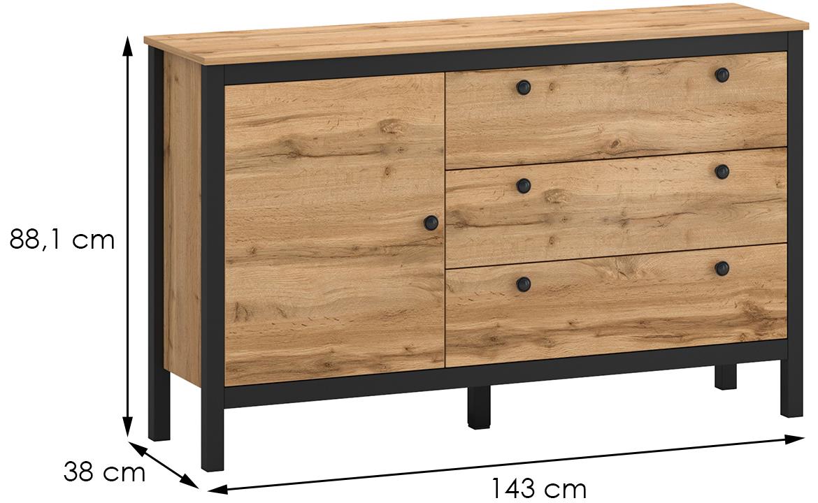 Palmer komoda 1 vrata+3 fioke 143x38x88,1 hrast/crna