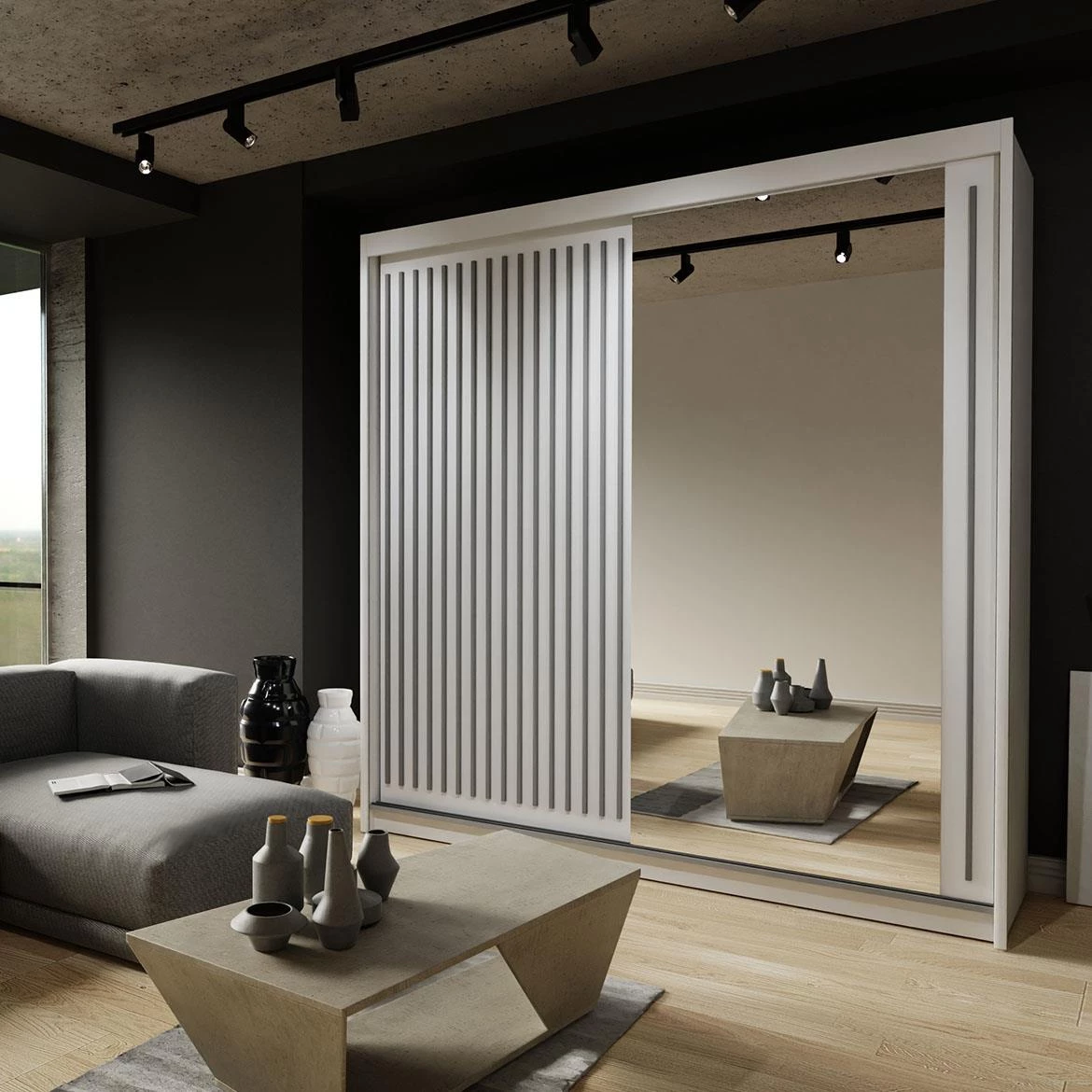 Royal ormar 2 vrata/ogledalo 203x62x216 belo/sivi