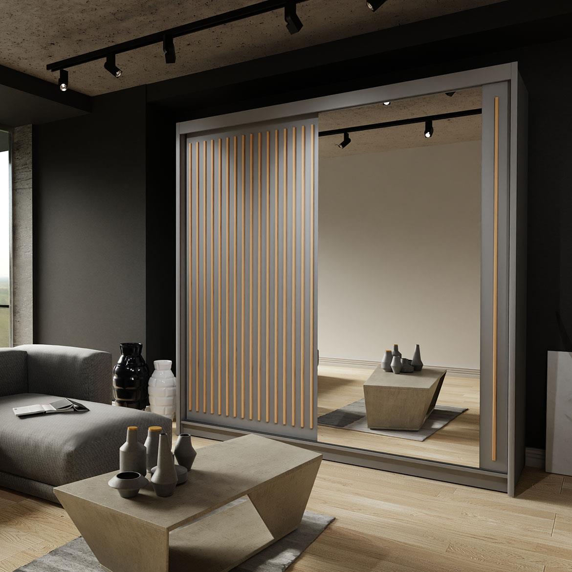 Royal ormar 2 vrata/ogledalo 203x62x216 sivi/natur