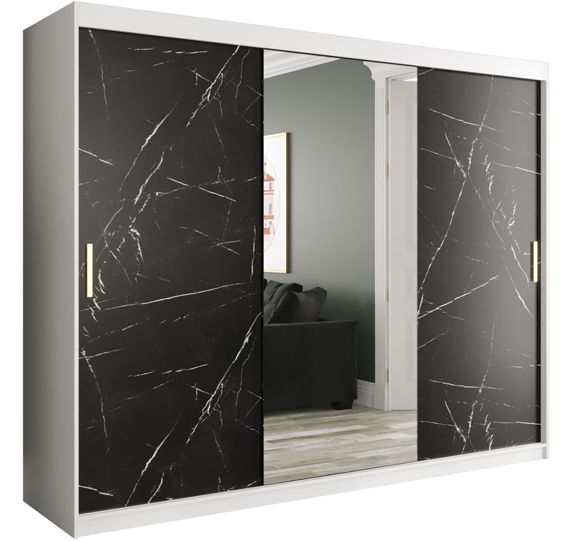 Marble ormar 3 vrata/ogledalo 250x62x200 belo/crni