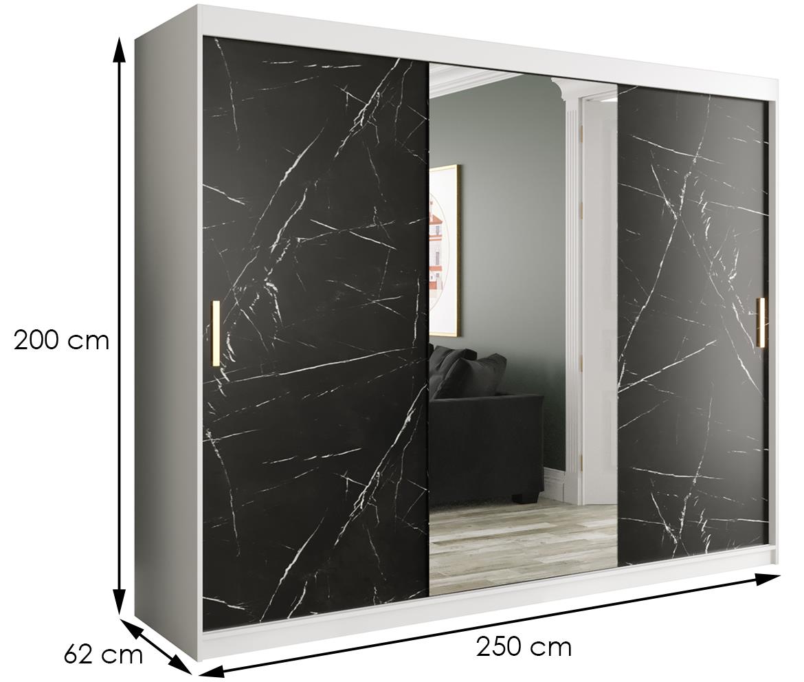 Marble ormar 3 vrata/ogledalo 250x62x200 belo/crni