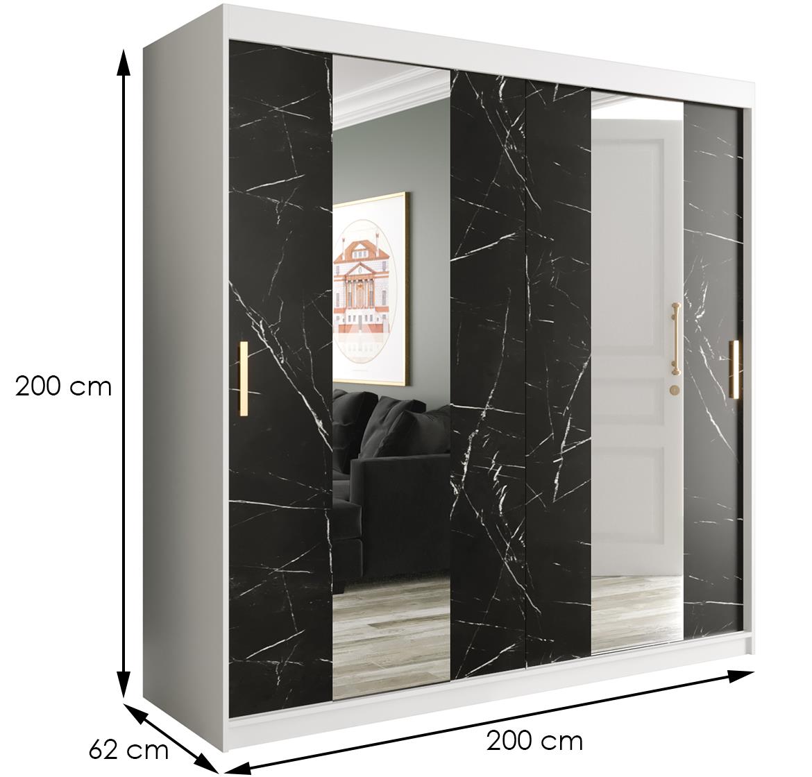 Marble ormar 2 vrata/ogledalo 200x62x200 belo/crni