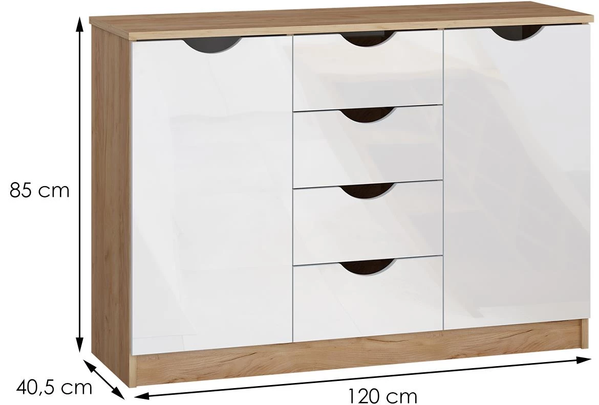 Tymeo komoda 2 vrata+4 fioke 120x40,5x85 zlatni hrast/bela