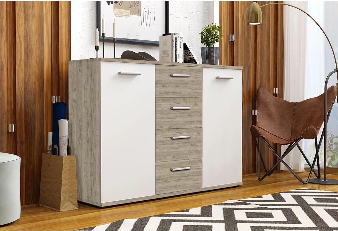 Jacky komoda 2 vrata+4 fioke 120x35x85 bela/sivi hrast