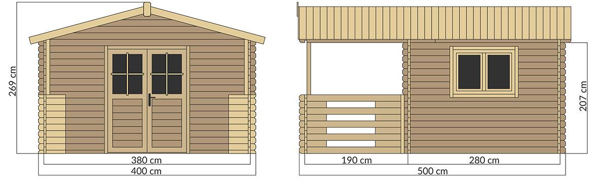 Drvena baštenska kucica Zuzia II 4x3m + terasa 4x2m sa prozorom, sa podom