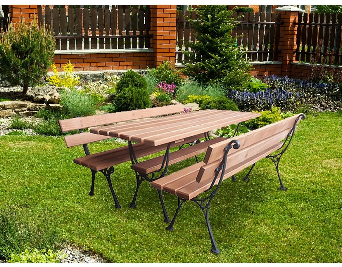 Drveni baštenski set sto + 2 klupe boja tikovine