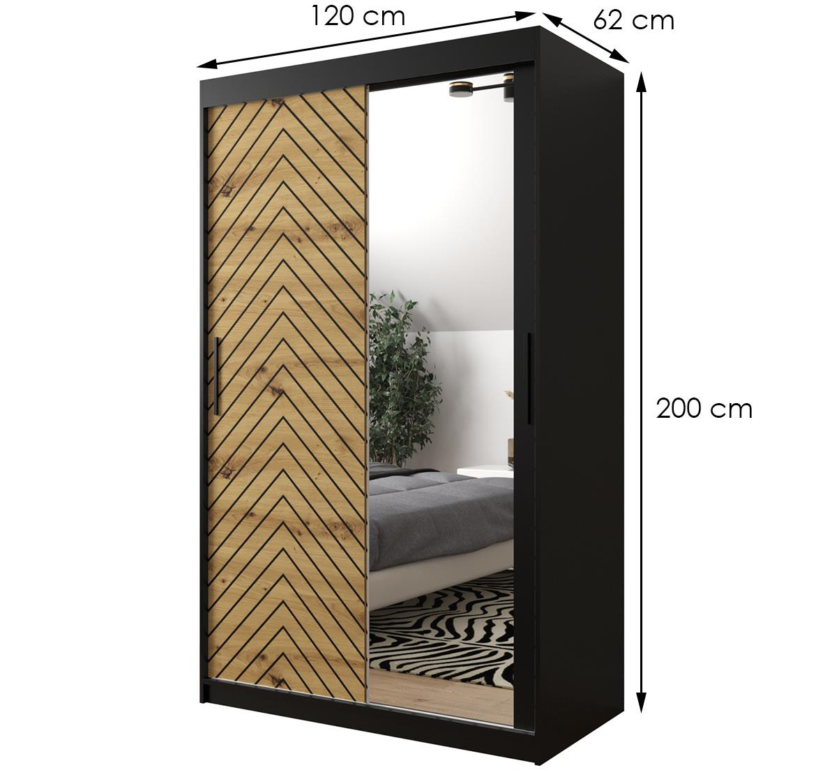 Jode 2 ormar 2 vrata/ogledalo 120x62x200 crna /natur(artisan)/crna