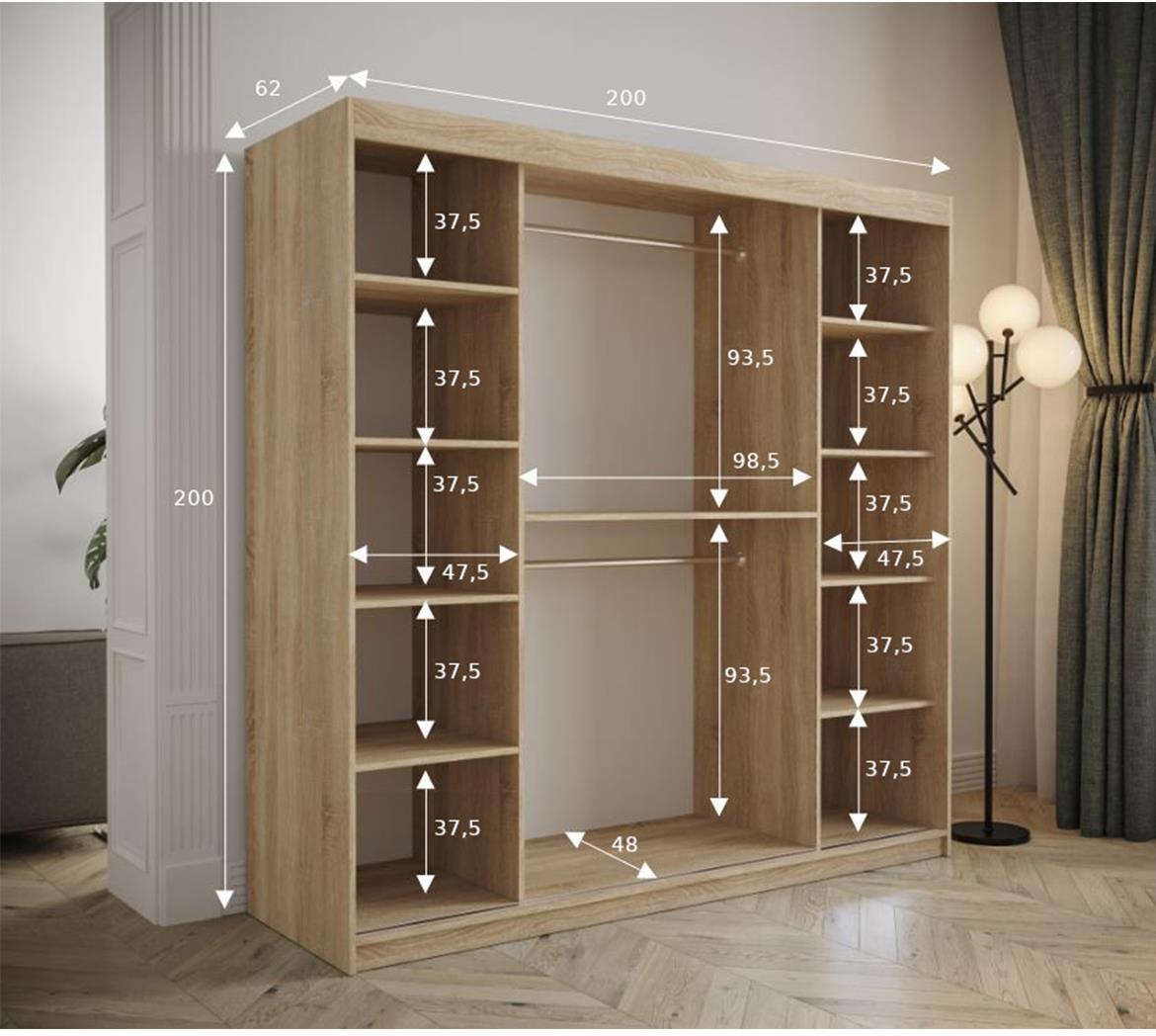 Tapi ormar 2 vrata/ogledalo 200x62x200  natur (sonoma hrast) / crna