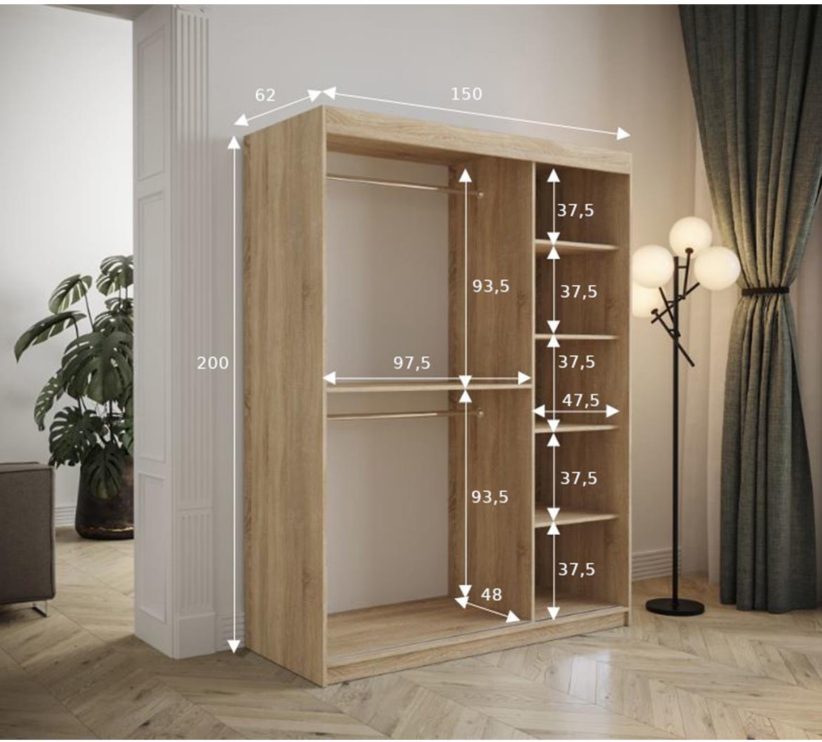 Tapi ormar 2 vrata/ogledalo 150x62x200  natur (sonoma hrast) / bela