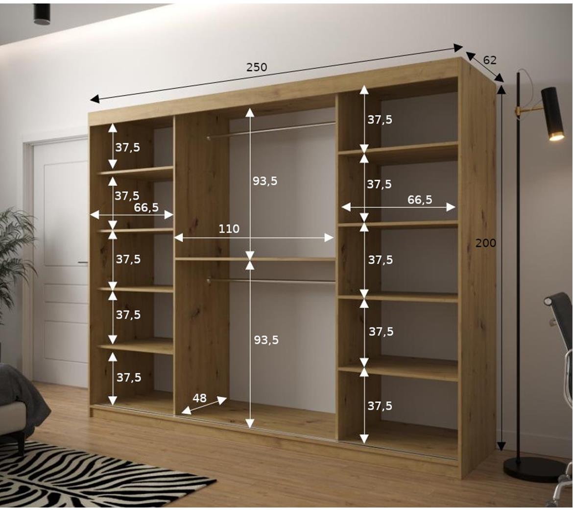 Jode 2 ormar 3 vrata/ogledalo 250x62x200 crna /natur(artisan)/crna