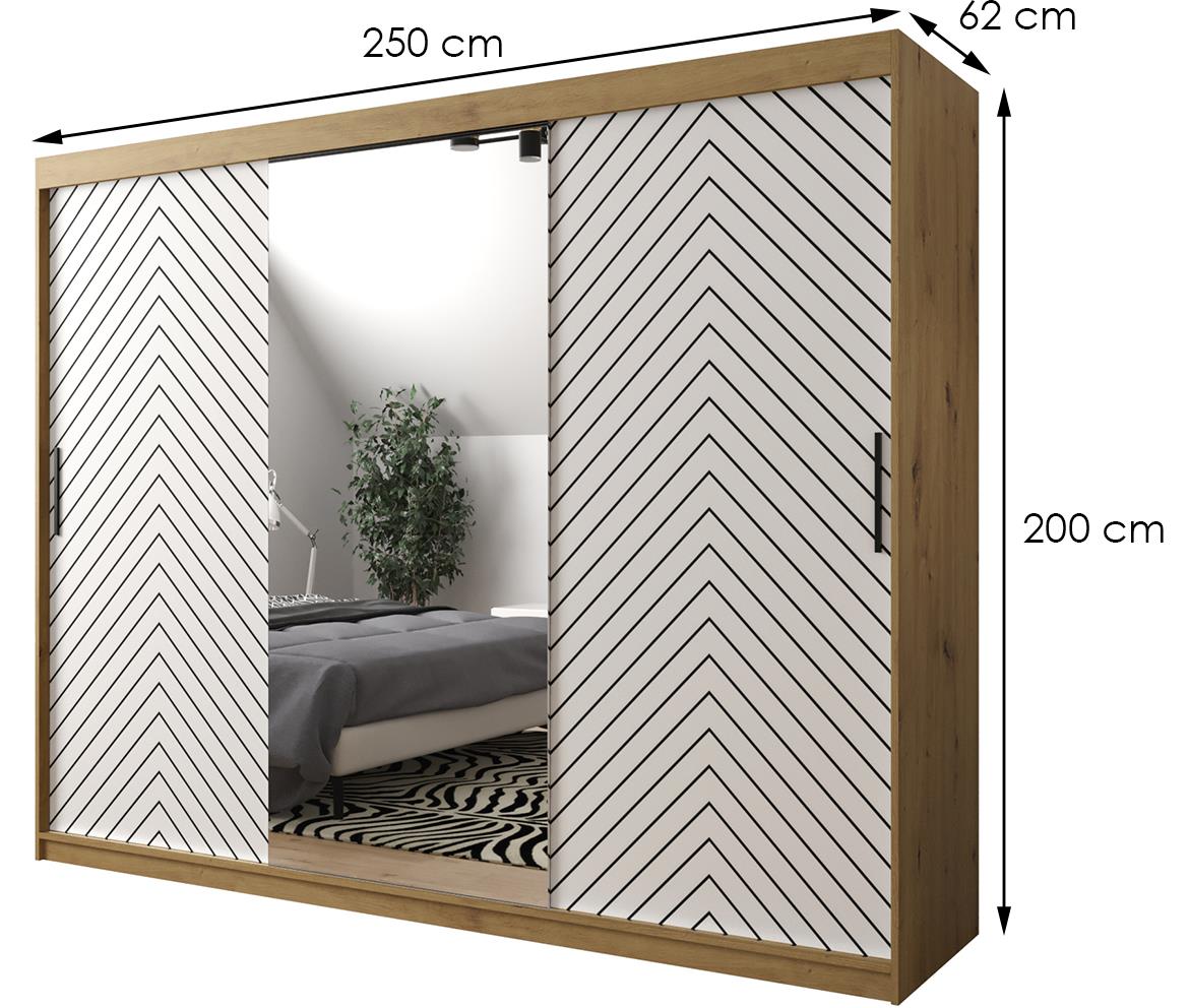 Jode 2 ormar 3 vrata/ogledalo 250x62x200 natur(artisan) /bela/crna