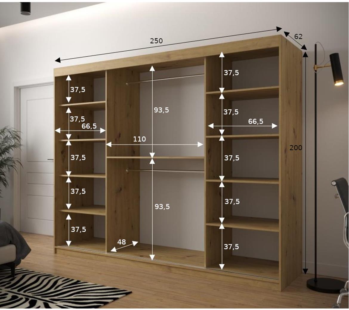 Jode 2 ormar 3 vrata/ogledalo 250x62x200 natur(artisan) /bela/crna