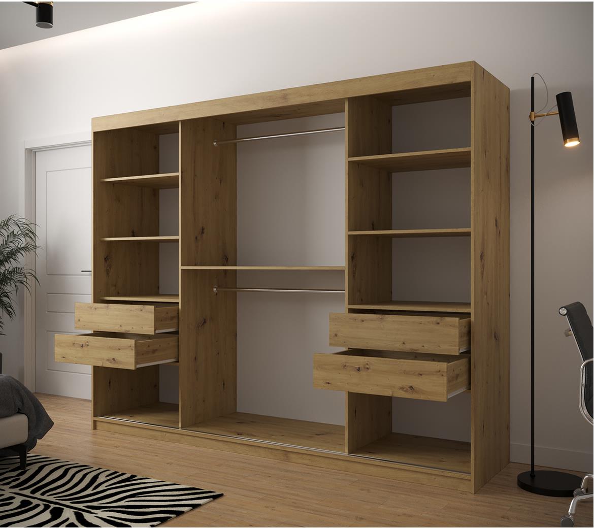 Jode 2 ormar 3 vrata/ogledalo 250x62x200 natur(artisan) /bela/crna