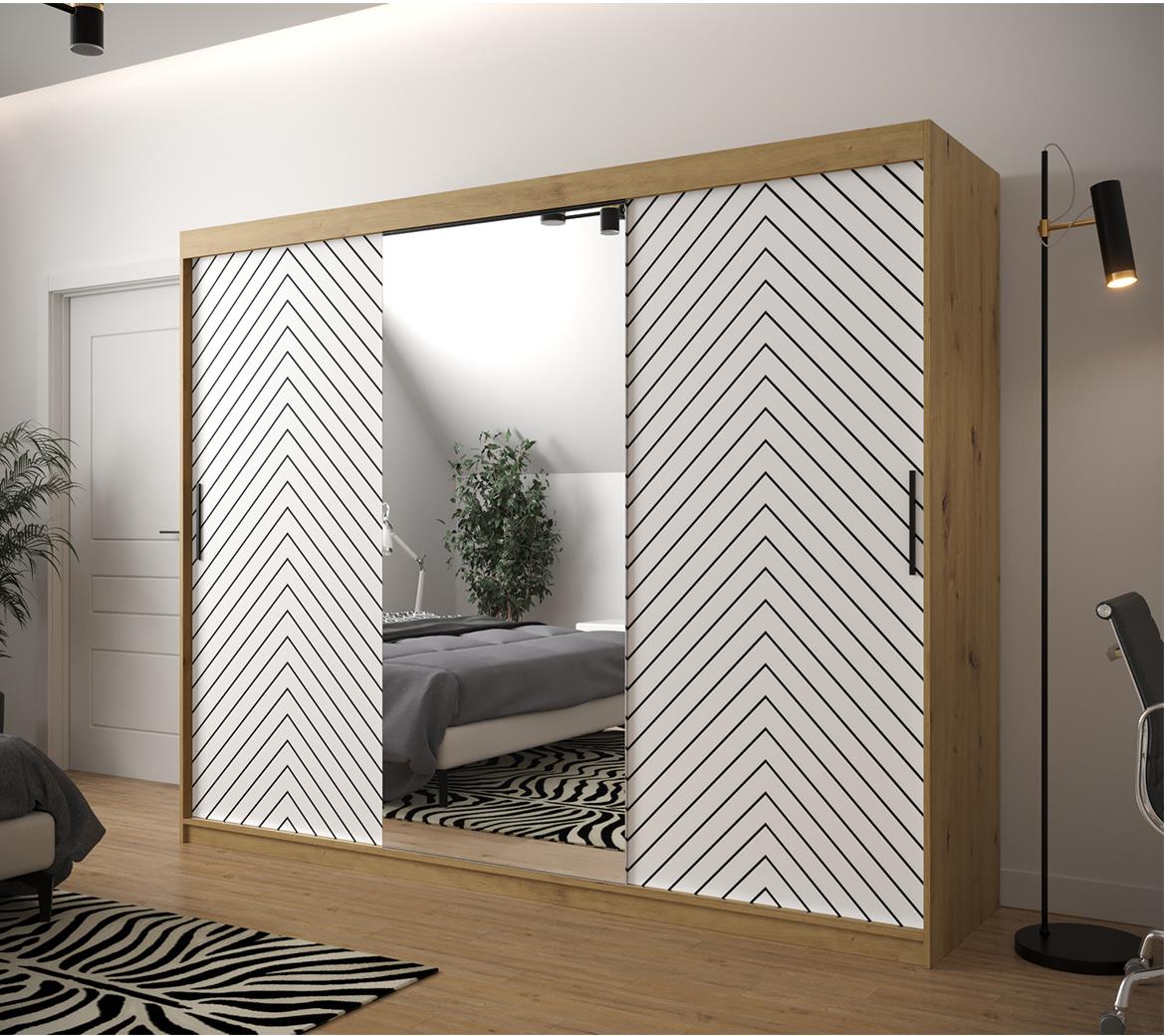 Jode 2 ormar 3 vrata/ogledalo 250x62x200 natur(artisan) /bela/crna