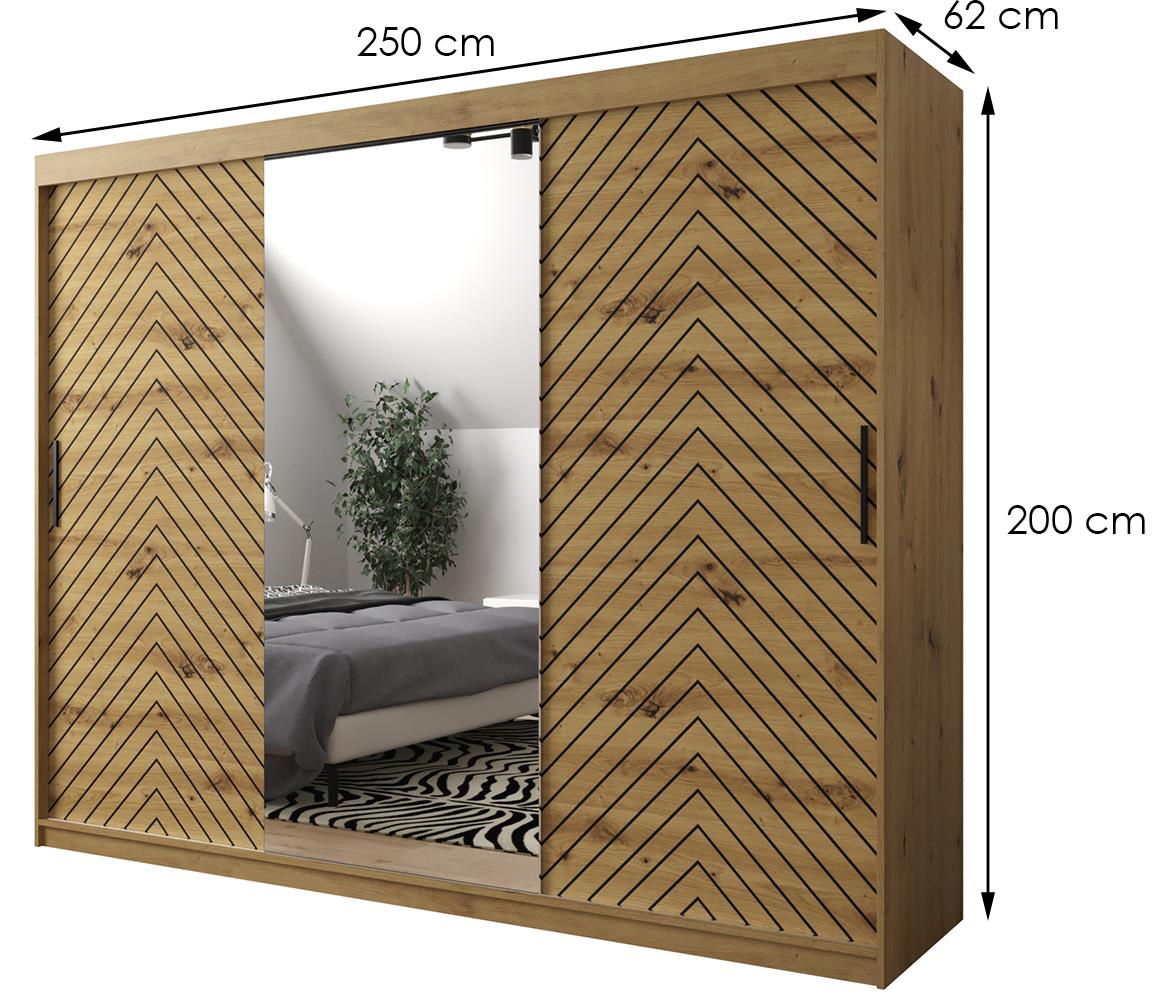 Jode 2 ormar 3 vrata/ogledalo 250x62x200 natur(artisan) /natur(artisan)/crna