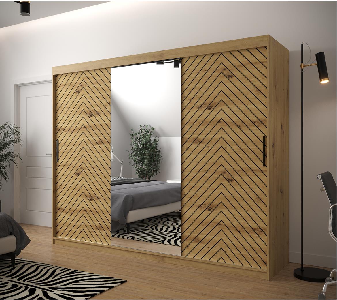 Jode 2 ormar 3 vrata/ogledalo 250x62x200 natur(artisan) /natur(artisan)/crna