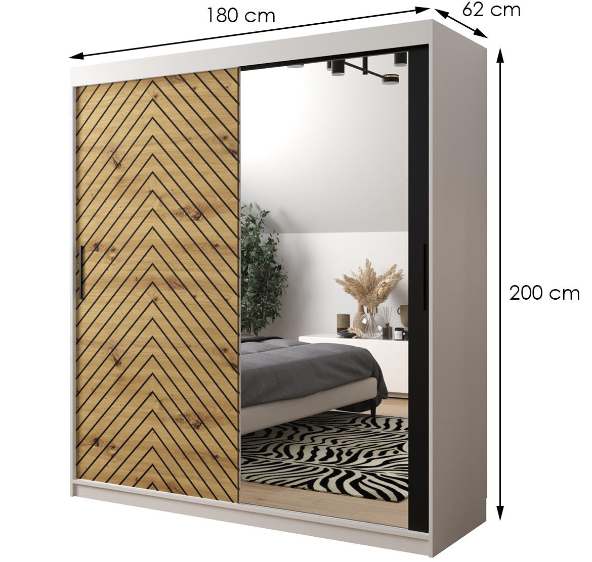 Jode 2 ormar 2 vrata/ogledalo 180x62x200 bela /natur(artisan)/crna