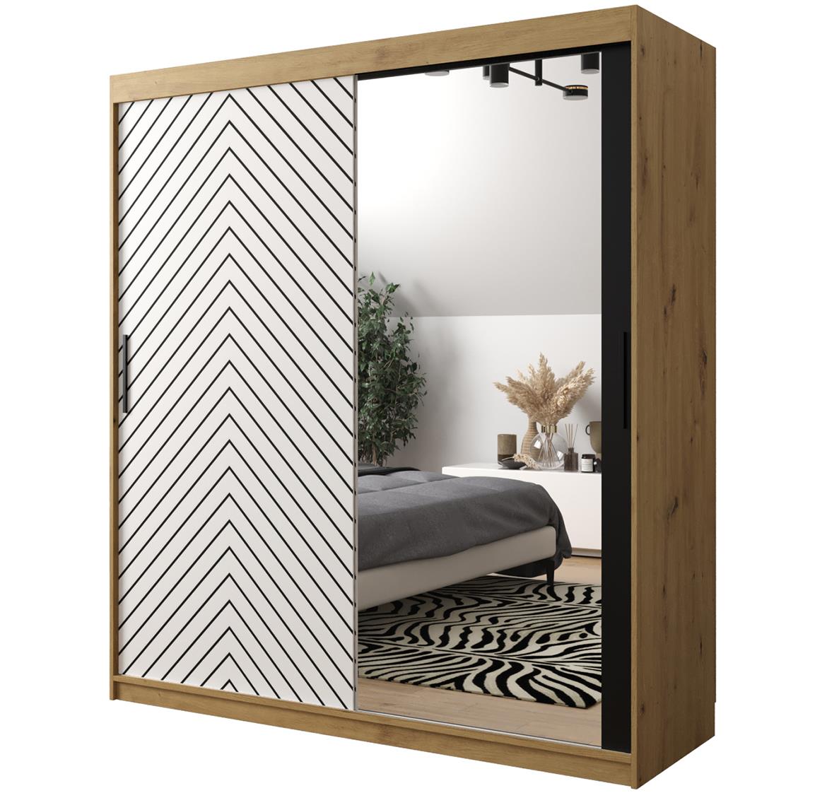 Jode 2 ormar 2 vrata/ogledalo 180x62x200 natur(artisan) /bela/crna