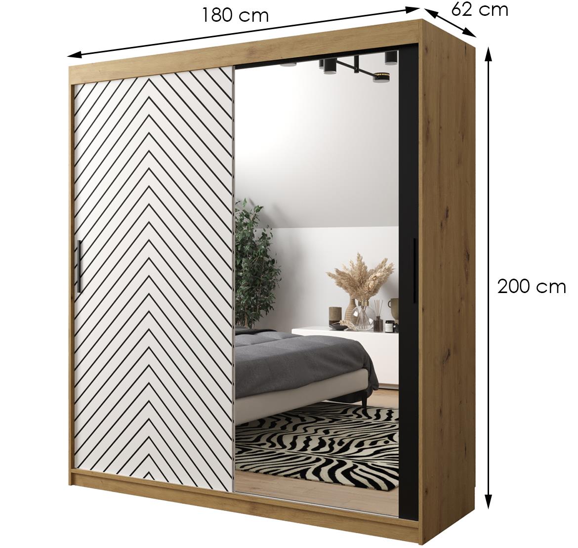 Jode 2 ormar 2 vrata/ogledalo 180x62x200 natur(artisan) /bela/crna