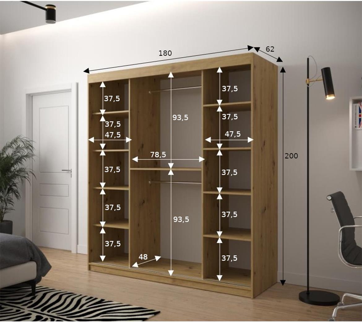 Jode 2 ormar 2 vrata/ogledalo 180x62x200 natur(artisan) /bela/crna