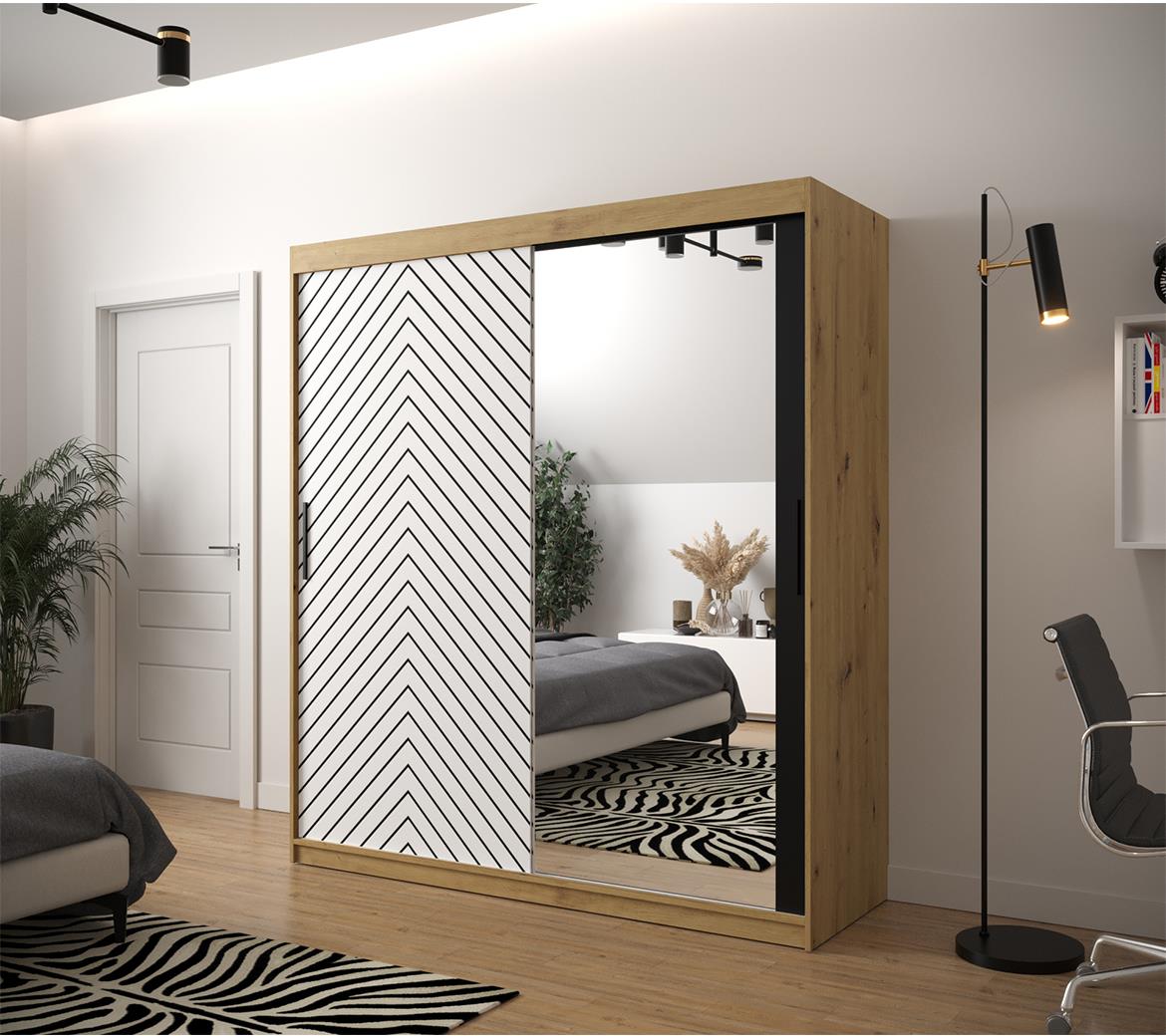 Jode 2 ormar 2 vrata/ogledalo 180x62x200 natur(artisan) /bela/crna
