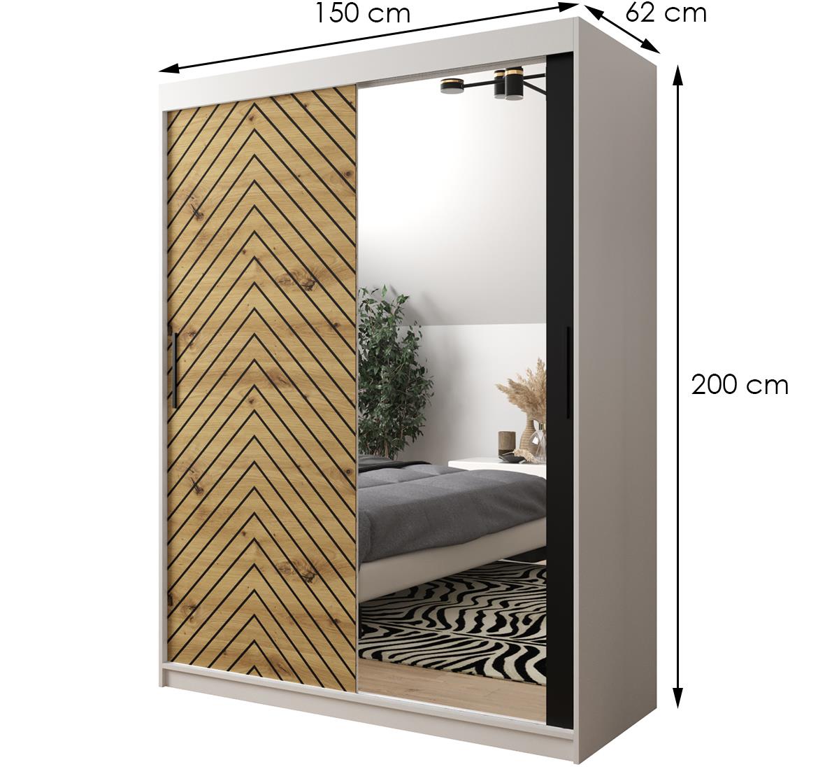 Jode 2 ormar 2 vrata/ogledalo 150x62x200 bela /natur(artisan)/crna