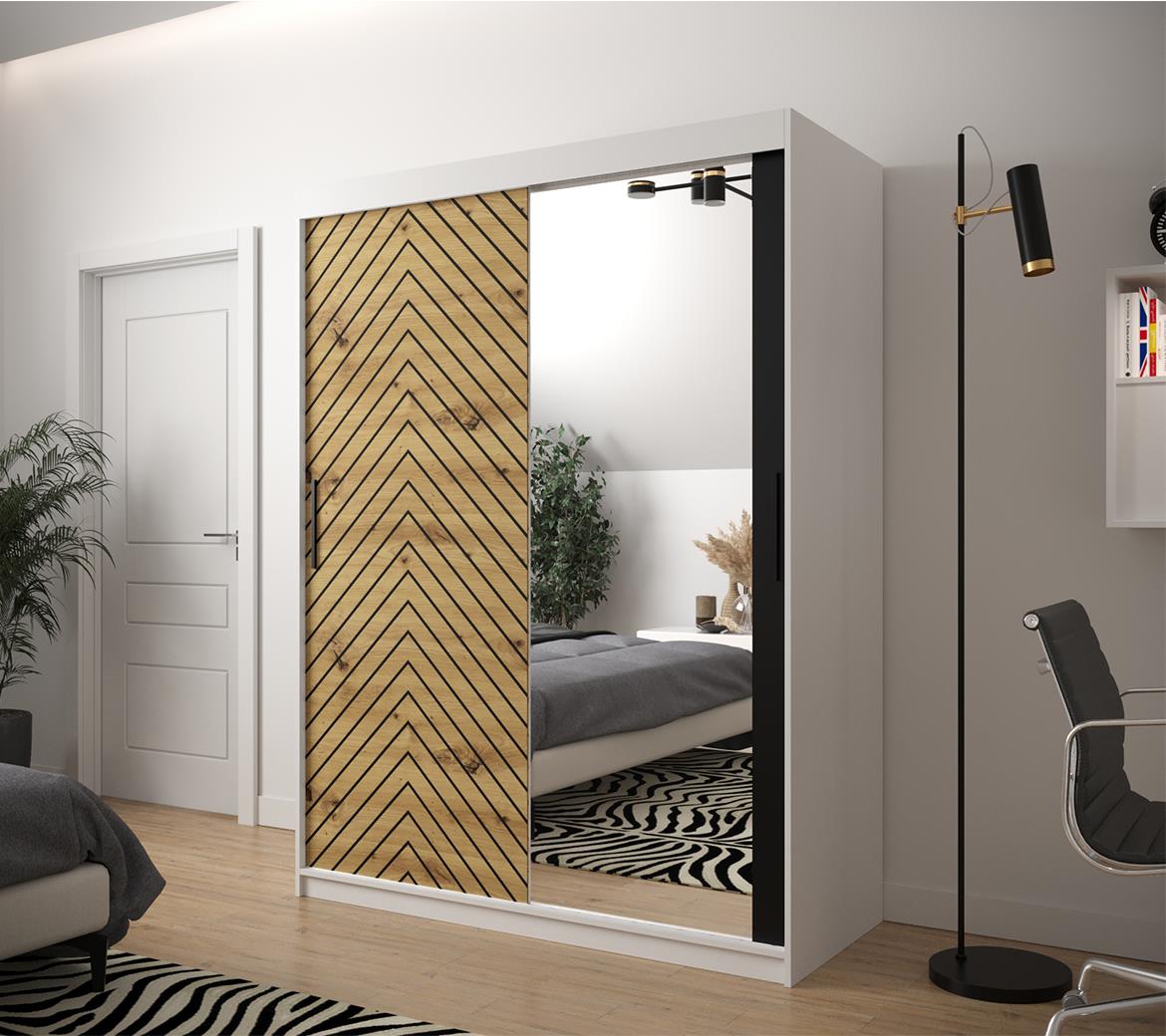 Jode 2 ormar 2 vrata/ogledalo 150x62x200 bela /natur(artisan)/crna