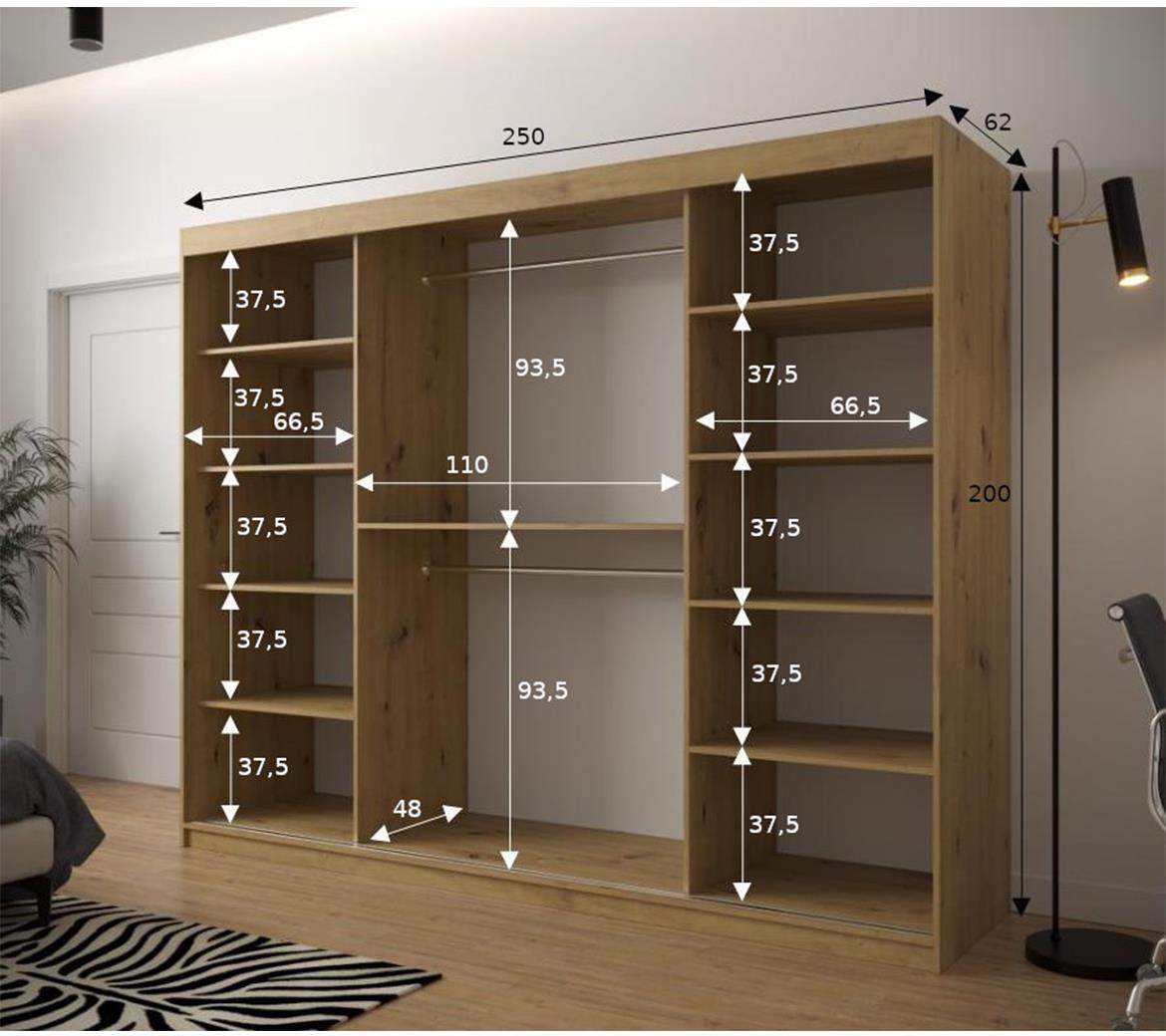 Jode ormar 3 vrata 250x62x200 bela /natur(artisan)/crna