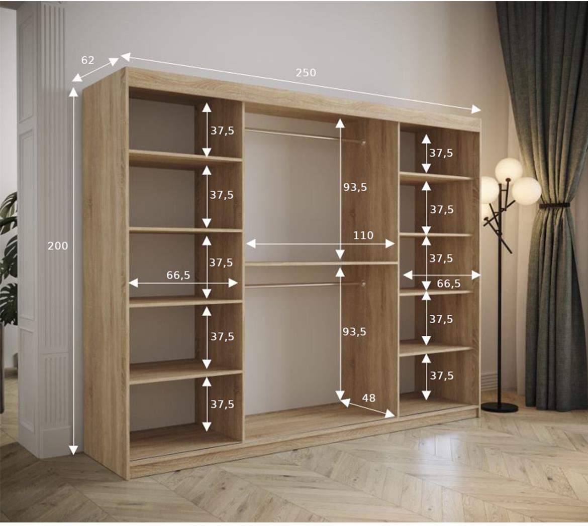 Tapi ormar 3 vrata/ogledalo 250x62x200  natur (sonoma hrast) / crna