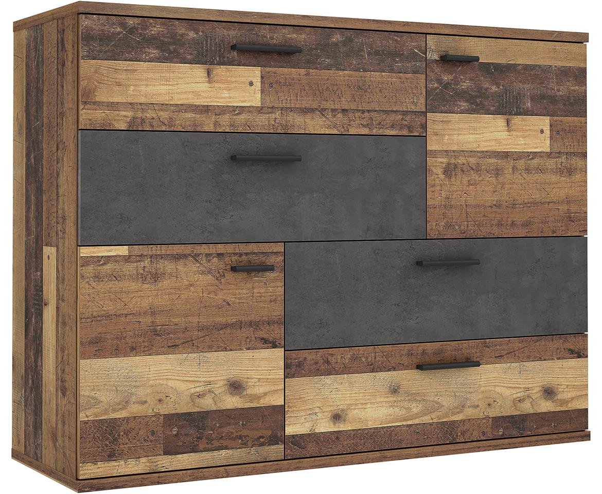 Skive komoda 2 vrata+4 fioke 125x41,3x96  stari hrast/siva