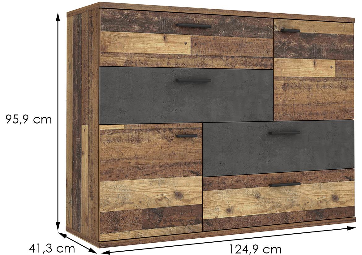 Skive komoda 2 vrata+4 fioke 125x41,3x96  stari hrast/siva