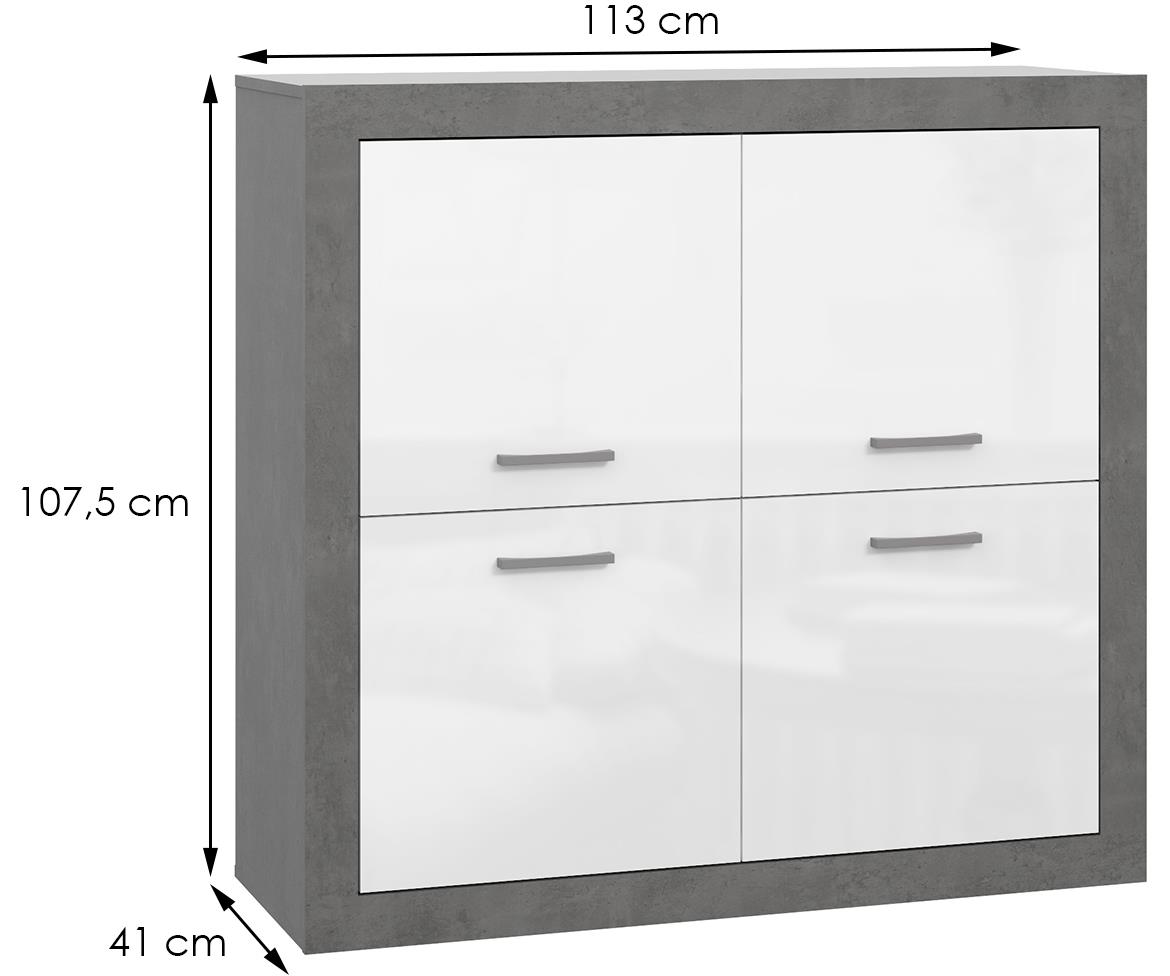 Trebbia komoda 4 vrata 113x41x107,5 beton/bela visoki sjaj