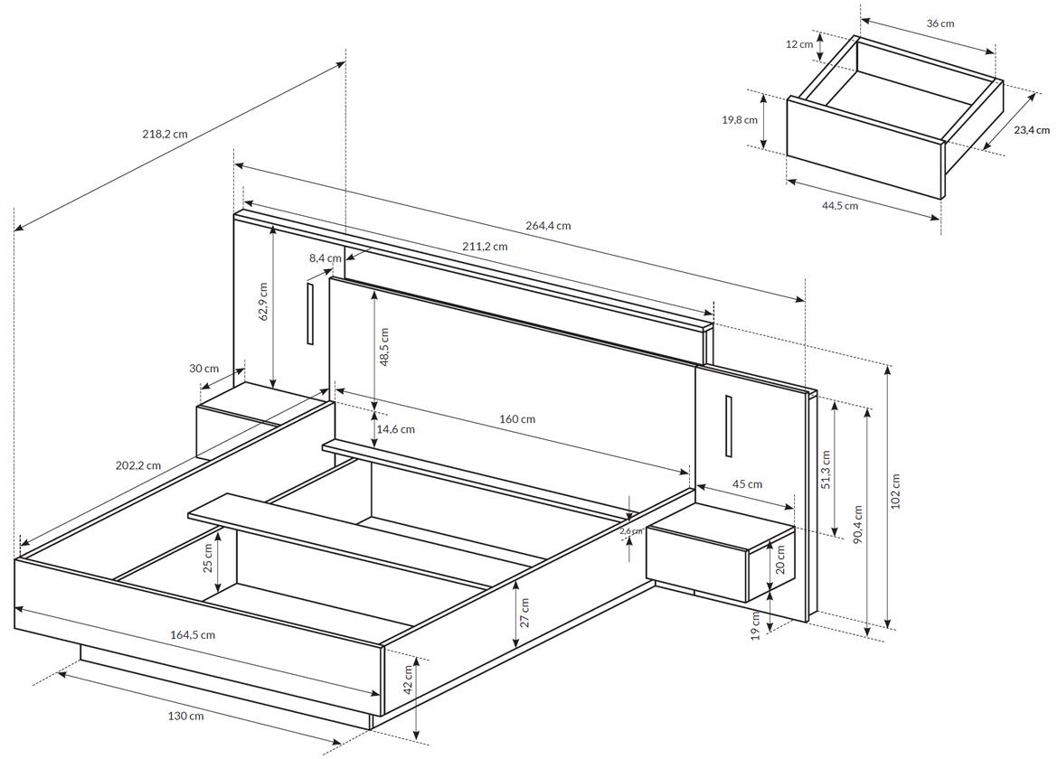 3D krevet bez podnice sa 2 nocna ormarica 264x218x102 bela/hrast