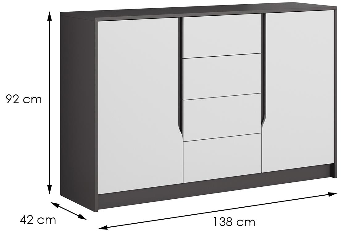 Sega komoda 2 vrata+4 fioke 138x42x92 tamno siva/bela